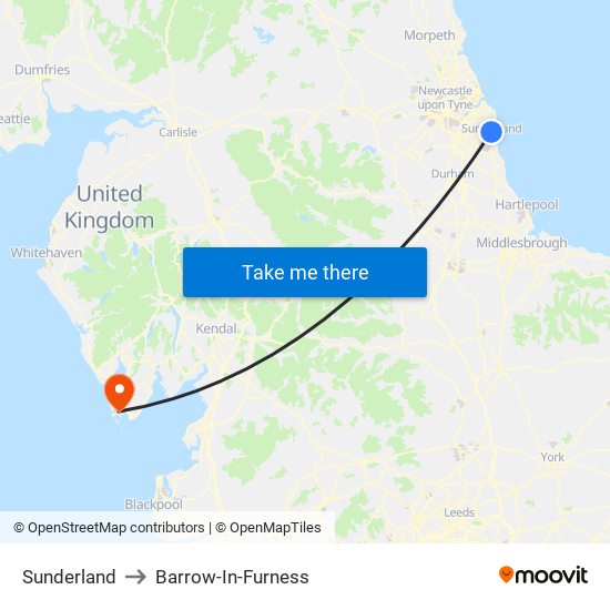 Sunderland to Barrow-In-Furness map