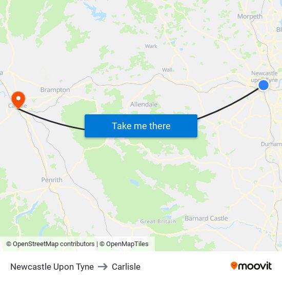 Newcastle Upon Tyne to Carlisle map