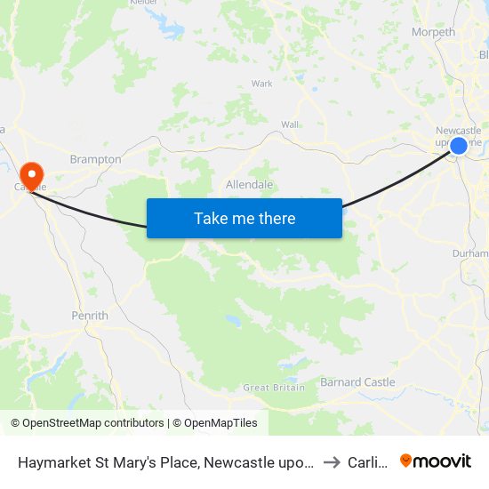 Haymarket St Mary's Place, Newcastle upon Tyne to Carlisle map