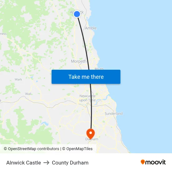 Alnwick Castle to County Durham map