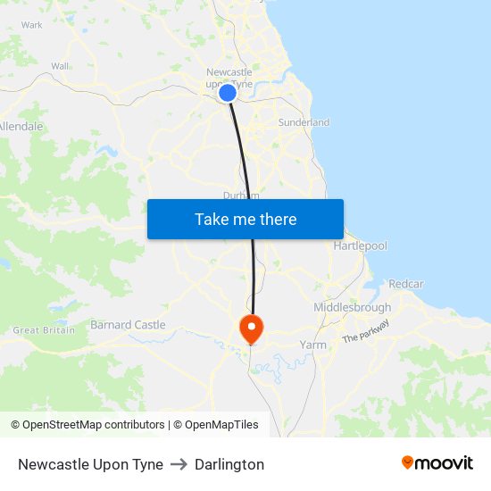 Newcastle Upon Tyne to Darlington map