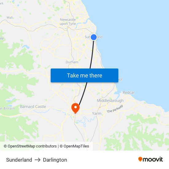 Sunderland to Darlington map