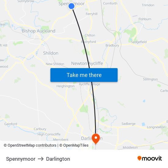 Spennymoor to Darlington map