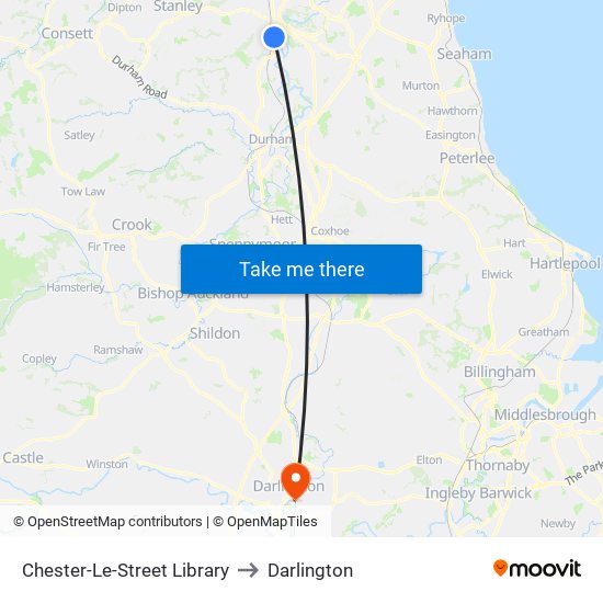 Chester-Le-Street Library to Darlington map