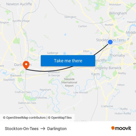 Stockton-On-Tees to Darlington map