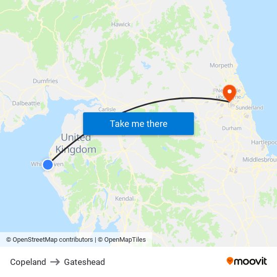 Copeland to Gateshead map