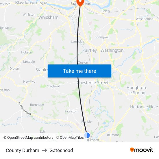 County Durham to Gateshead map