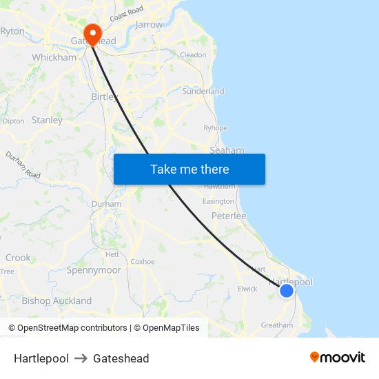 Hartlepool to Gateshead map