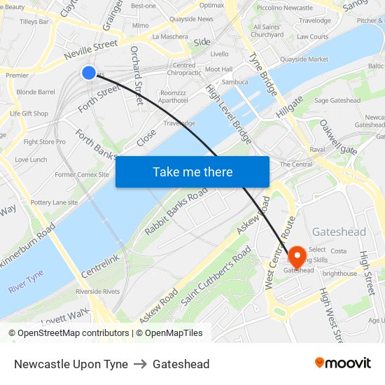 Newcastle Upon Tyne to Gateshead map