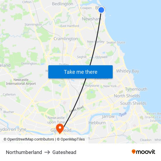 Northumberland to Gateshead map