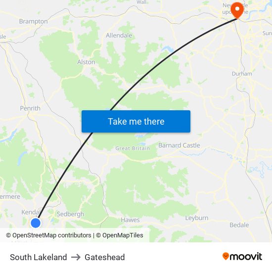 South Lakeland to Gateshead map