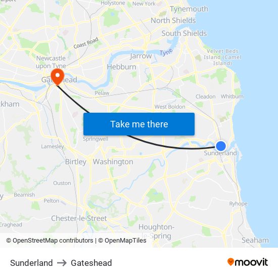 Sunderland to Gateshead map
