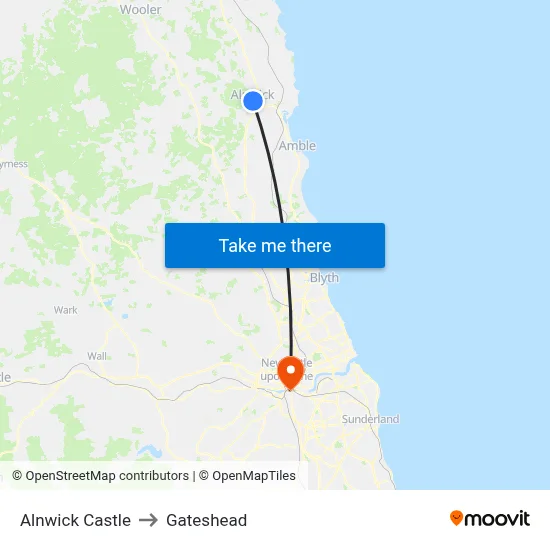 Alnwick Castle to Gateshead map