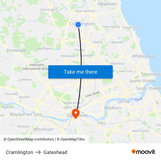 Cramlington to Gateshead map