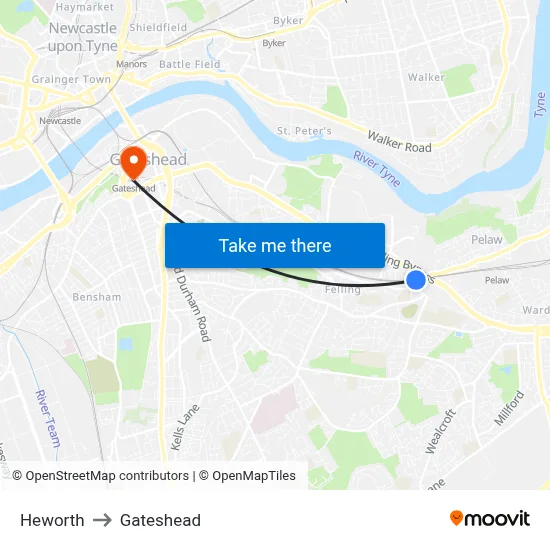 Heworth to Gateshead map