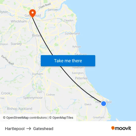 Hartlepool to Gateshead map
