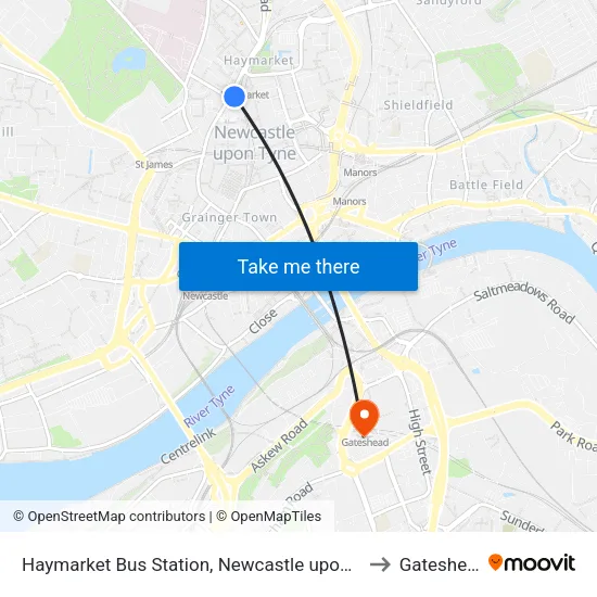 Haymarket Bus Station, Newcastle upon Tyne to Gateshead map