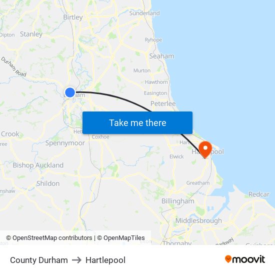 County Durham to Hartlepool map