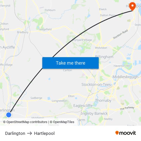 Darlington to Hartlepool map