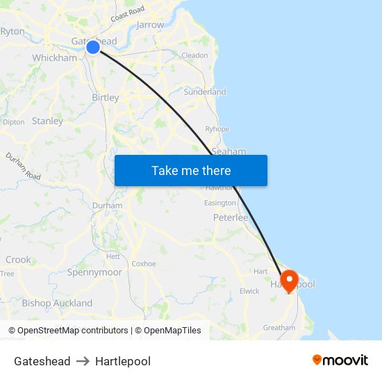 Gateshead to Hartlepool map