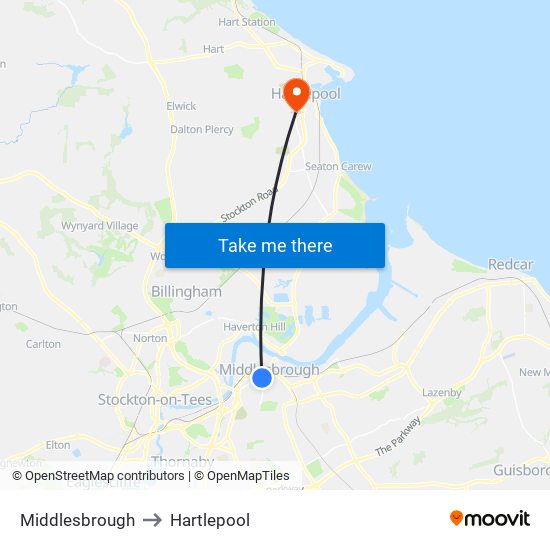 Middlesbrough to Hartlepool map