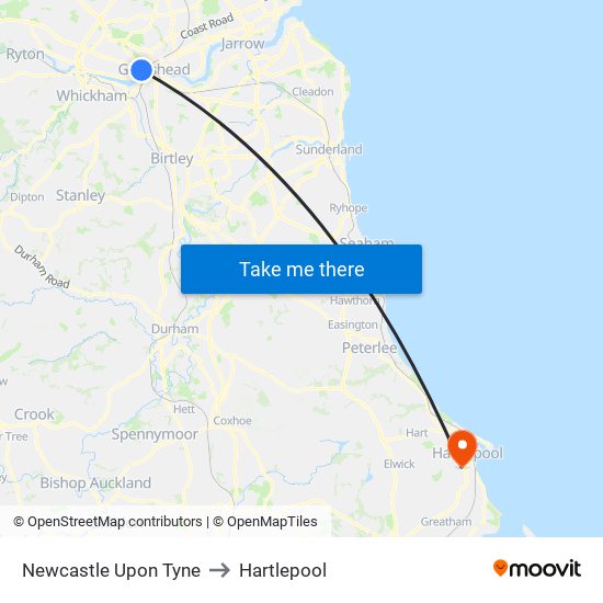 Newcastle Upon Tyne to Hartlepool map