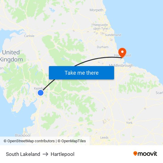 South Lakeland to Hartlepool map