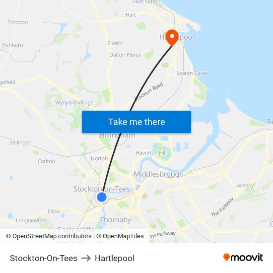 Stockton-On-Tees to Hartlepool map