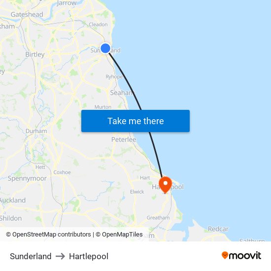 Sunderland to Hartlepool map