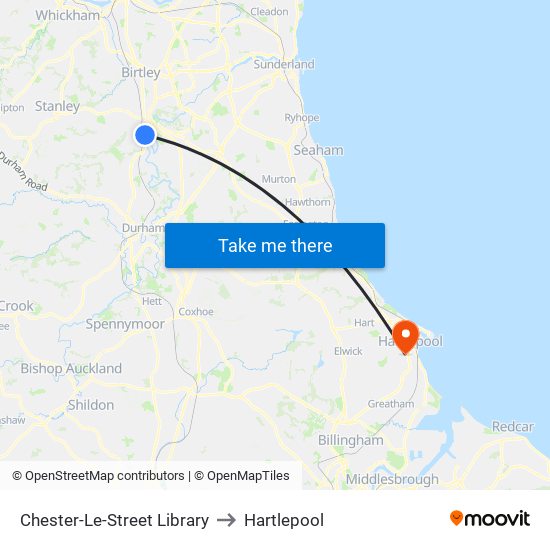 Chester-Le-Street Library to Hartlepool map