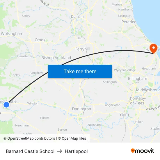 Barnard Castle School to Hartlepool map