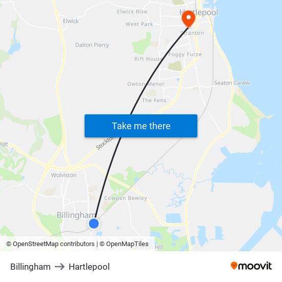 Billingham to Hartlepool map