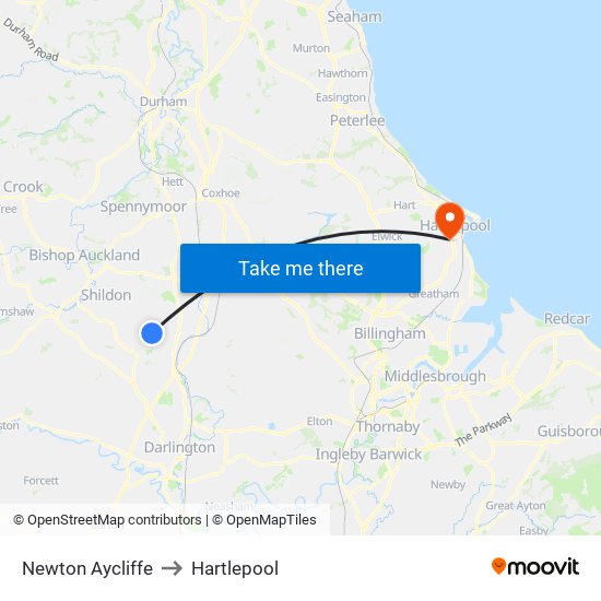 Newton Aycliffe to Hartlepool map