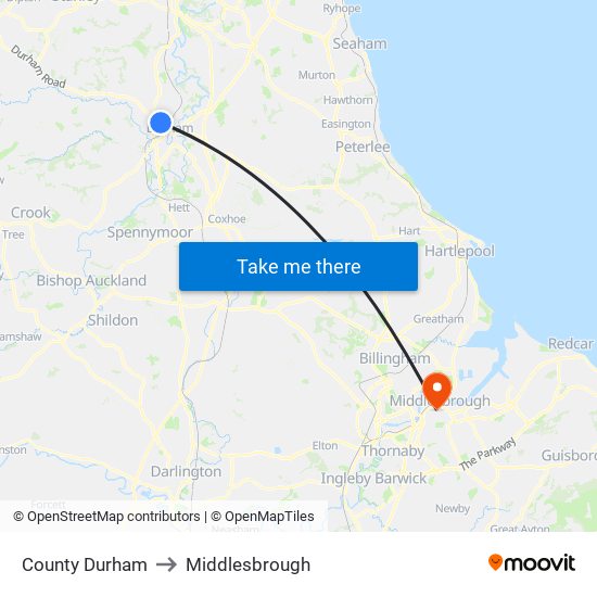 County Durham to Middlesbrough map