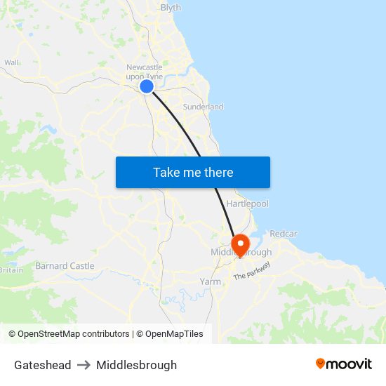 Gateshead to Middlesbrough map