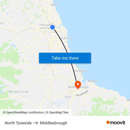 North Tyneside to Middlesbrough map