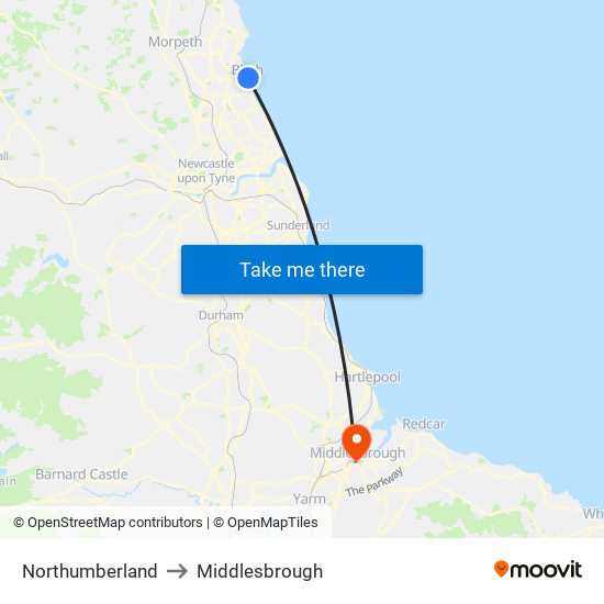 Northumberland to Middlesbrough map