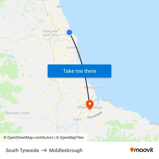 South Tyneside to Middlesbrough map