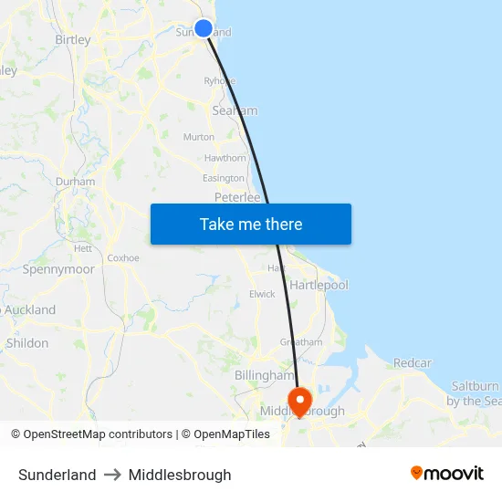 Sunderland to Middlesbrough map
