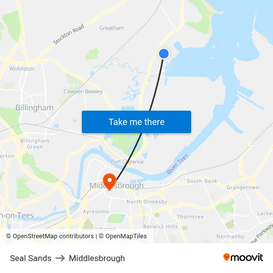 Seal Sands to Middlesbrough map