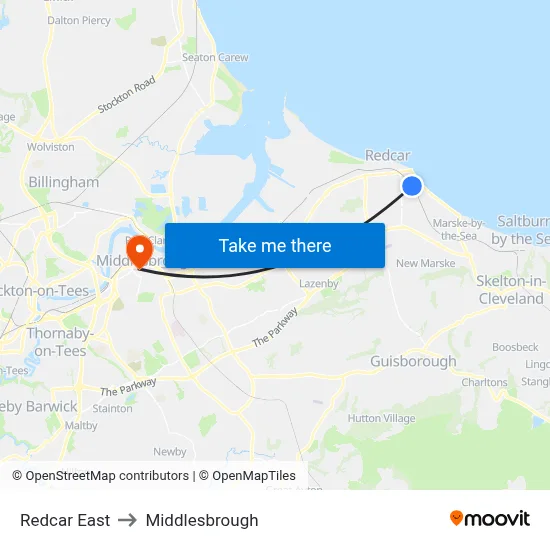 Redcar East to Middlesbrough map