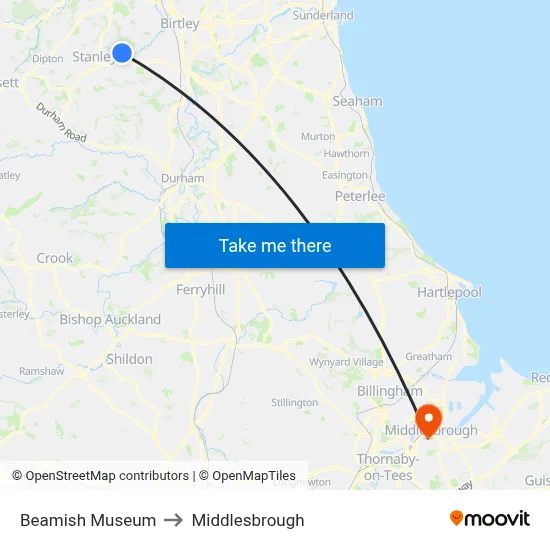 Beamish Museum to Middlesbrough map