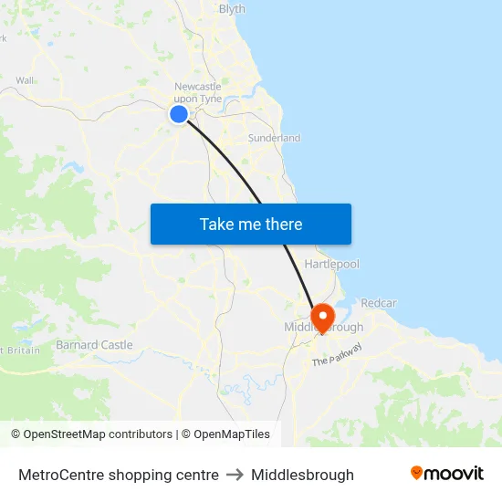 MetroCentre shopping centre to Middlesbrough map