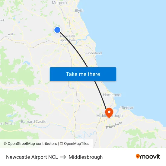 Newcastle Airport NCL to Middlesbrough map
