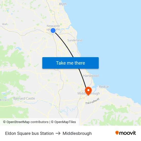 Eldon Square bus Station to Middlesbrough map