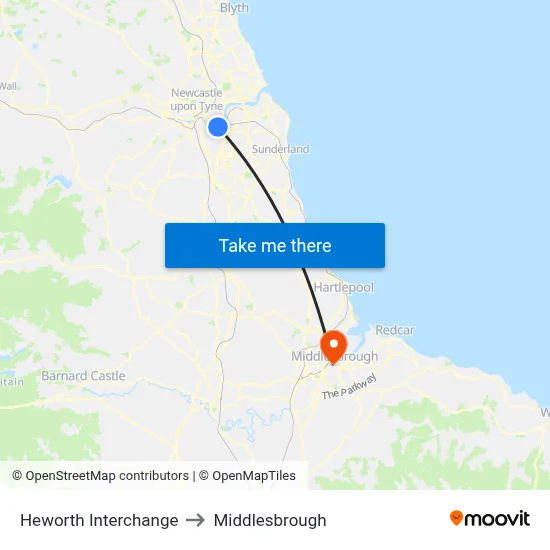 Heworth Interchange to Middlesbrough map
