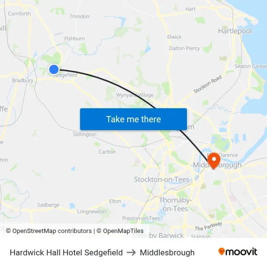 Hardwick Hall Hotel Sedgefield to Middlesbrough map