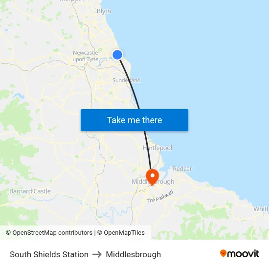 South Shields Station to Middlesbrough map