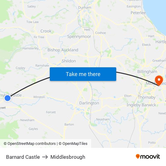 Barnard Castle to Middlesbrough map