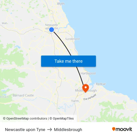 Newcastle upon Tyne to Middlesbrough map